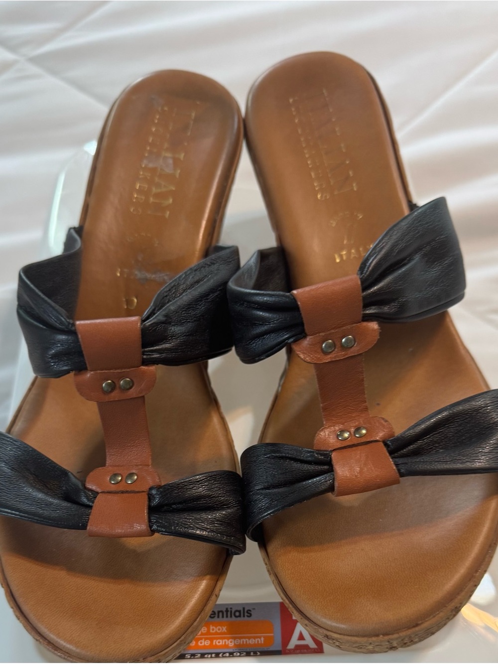 Leather Bow Slide Sandals in Black and Brown - Women